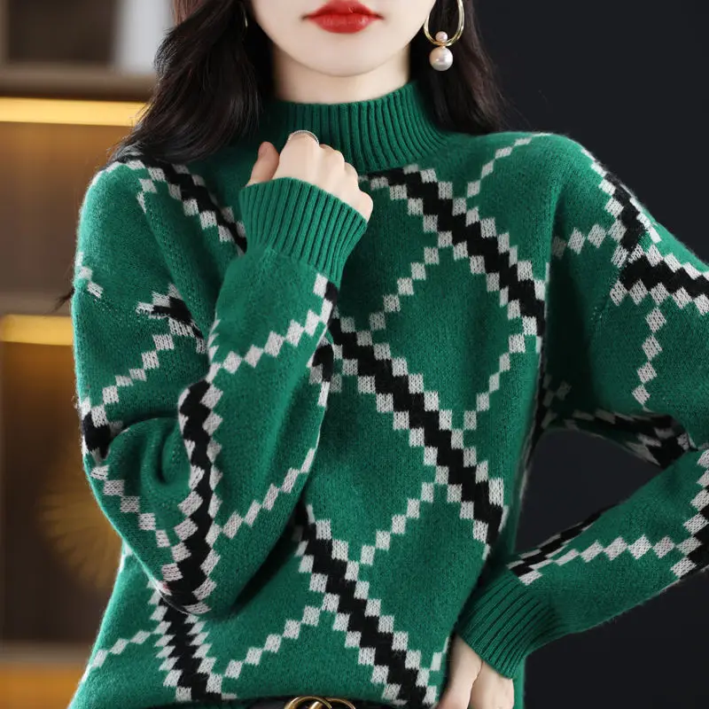 2022 Vintage Female Clothing Argyle Printed Fashion Geometric Spliced Sweaters Autumn Winter All-match Half High Collar Jumpers