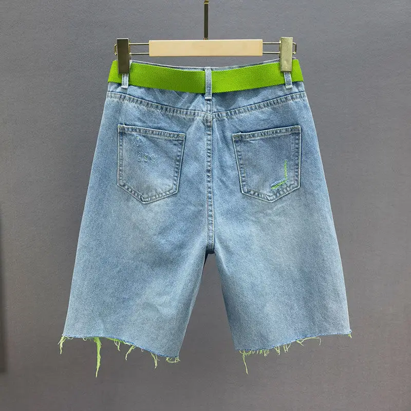 Diamante perfurado denim shorts para o verão feminino novo estilo solto cintura alta magro verde frisado calças harajuku