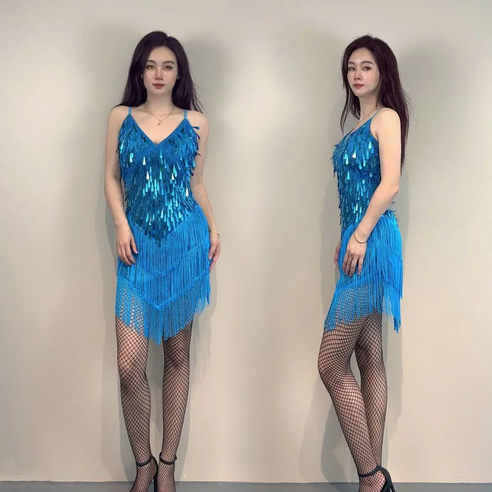 ストラップ付きスパンコールドレス フリンジ付きラテンダンスドレス 細見えイレギュラーパーティーナイトクラブパフォーマンス 大人女子コスチューム ガラ