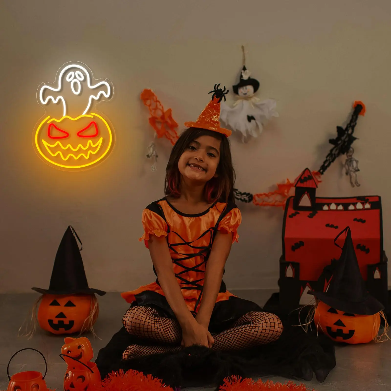 Insegna al neon zucca fantasma di Halloween Luce al neon faccia fantasma Zucca spettrale Insegne luminose al neon LED dimmerabili Insegna a LED con teschio di Halloween