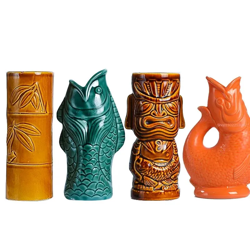 Tazas Tiki de Hawái, Taza para Cócteles con Forma de Pez, Taza para Cerveza, Taza para Bebidas, Taza de Cerámica para Vino, Taza de Bar con Diseño de la Isla de Pascua