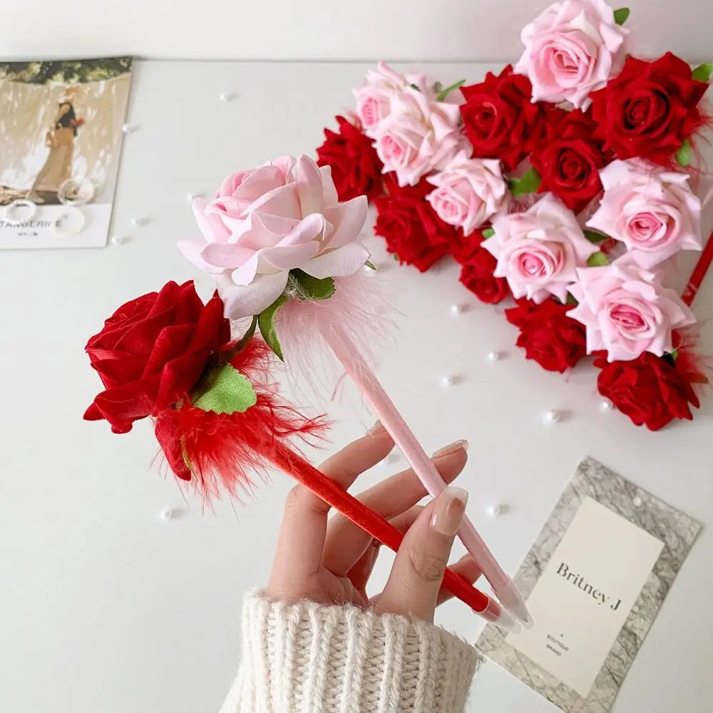 Creative Polyester Fibre Gel Pen Plastic Simulated Rose Ballpoint Pen Writing Tools Gift