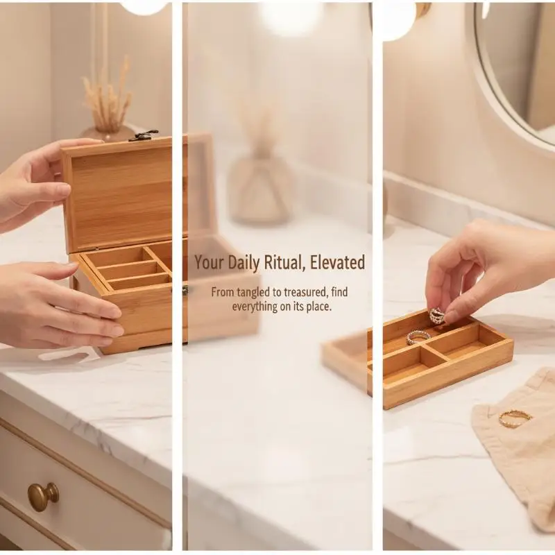 Schmuckkästchen aus Bambus, Schmuckaufbewahrungsbox aus Holz, elegante Geschenkbox für Ohrringe, Ringe, Halsketten und die tägliche Schmucksammlung. – Detail 3