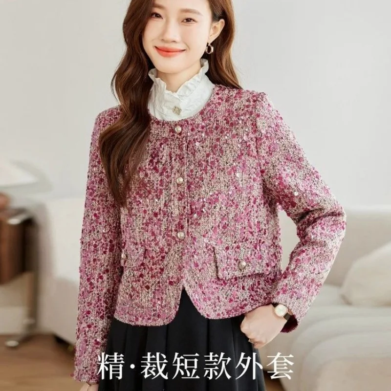 

Sequins Tweed Jacket Spring Autumn Long-sleeved Top Design Luxury Coat Single-breasted O Neck Jacket Women Clothing High Quality