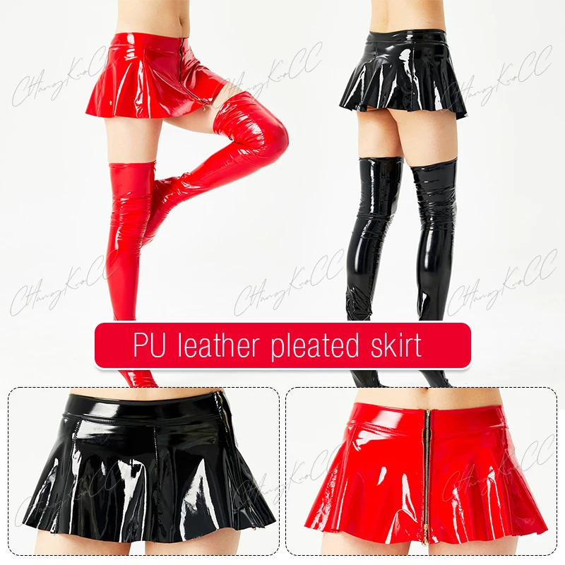 Women Sexy Ultra Short Mini Pleated Skirt Wet Look PU Miniskirt Zipper Open Oil Shiny Club Skirt Nightwear Clubwear Lingeries