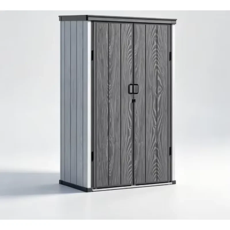 Vertical Waterproof Resin Storage Shed Lockable Tool Cabinet Wood Texture for Garden Backyard Outdoor Use Durable Locker Wood