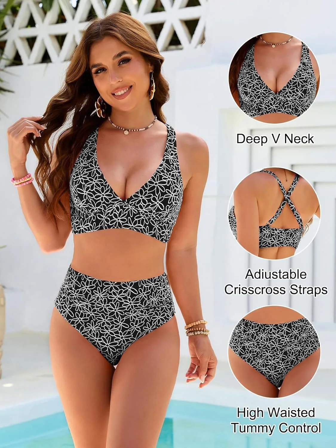 Swimwear 2026 Bikini Sets For Woman Light Blue High Waisted Bottoms Bikinis Floral Print Two Piece Swimsuit Halter Top Swim