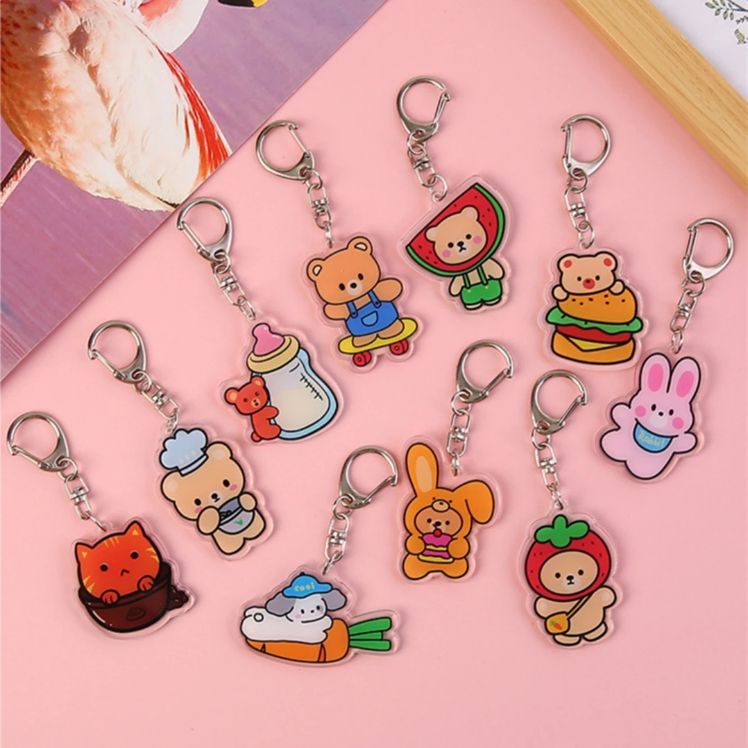 

Cute Creative Acrylic Keyring Cartoon Bear Keychain Bag Pendant Hanging Gift Colorful Kawaii Car Key Holder Charm Key Holder
