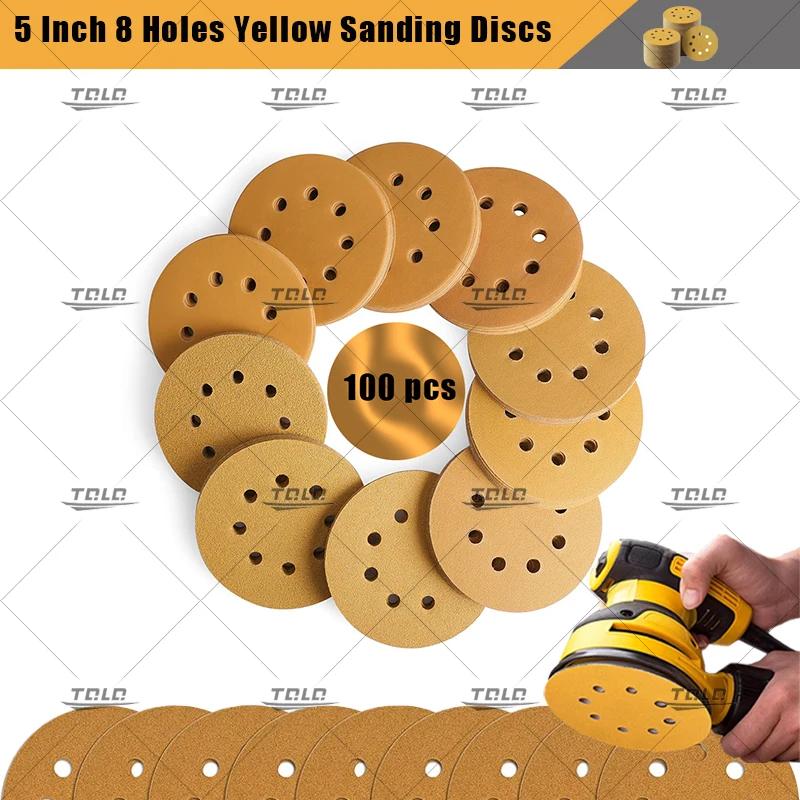 

100 шт. 5-дюймовые желтые шлифовальные диски с 8 отверстиями, круглая орбитальная наждачная бумага для деревообработки, шлифовальный диск по металлу, абразивный инструмент для полировки