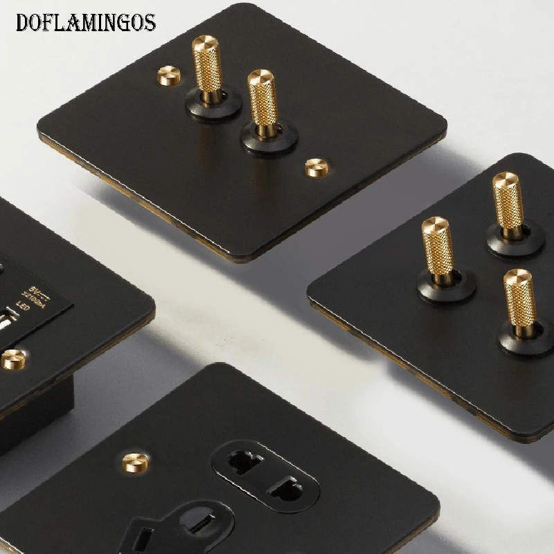 Europe UK  AU NZ Socket Black Wall Light Switch  Luxury Retro Copper Metal Panel 86 Type Lever Switch Surface Home-Appliance