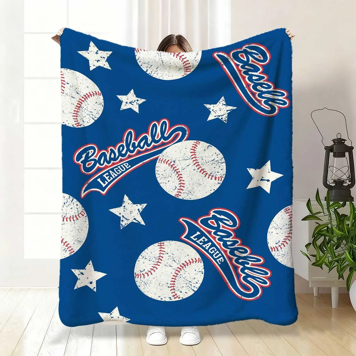 1pc Vintage Baseball Flannel Throw Blanket -Baseball LeagueDesign with Red & White Stitched Balls & Stars, Soft Plush Polyester, Multiple Sizes for Home, Camping, Sofa, Bedroom Decor - Perfect Gi