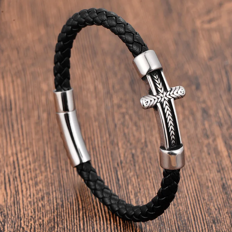 Black Leather Rope Cowhide Mens Double Layer Stainless Steel Genuine Leather Woven Bracelet Handmade Multi Layer Leather