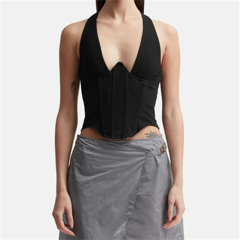 

crop tops women 2024 Summer New Fishbone Slim Fit Open Back Sleeveless Top Hanging neck vest y2k Tank top Women's t-shirt corset