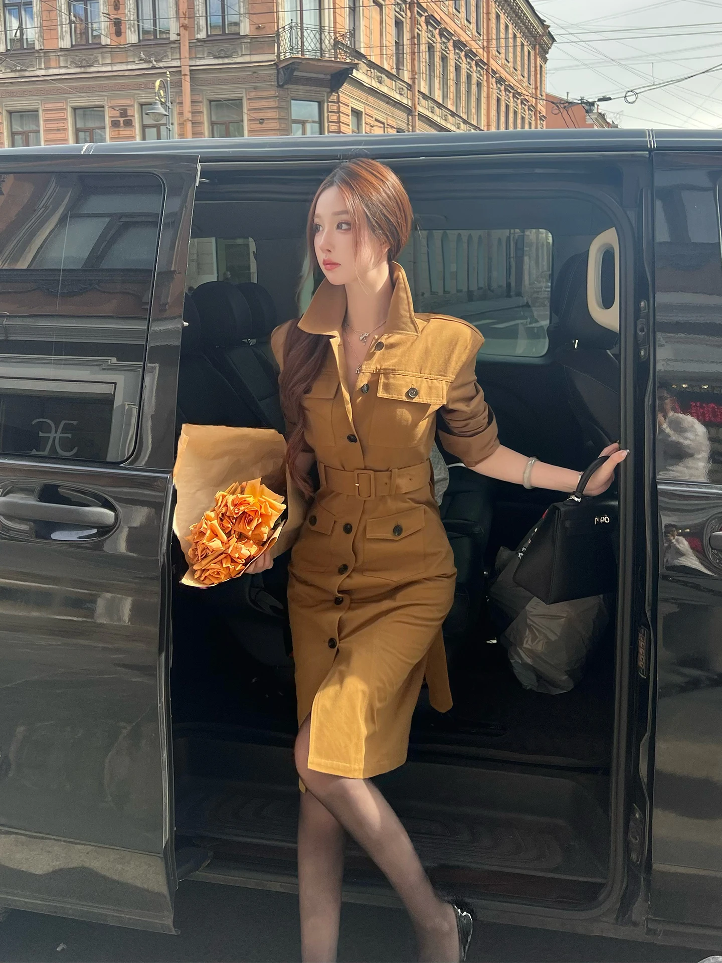 

Vera Moon Women's Knee-Length Waist-Cinching Coat Jaet Korean Sle Slim Fit Cotton Denim Long Sve Collar Coat