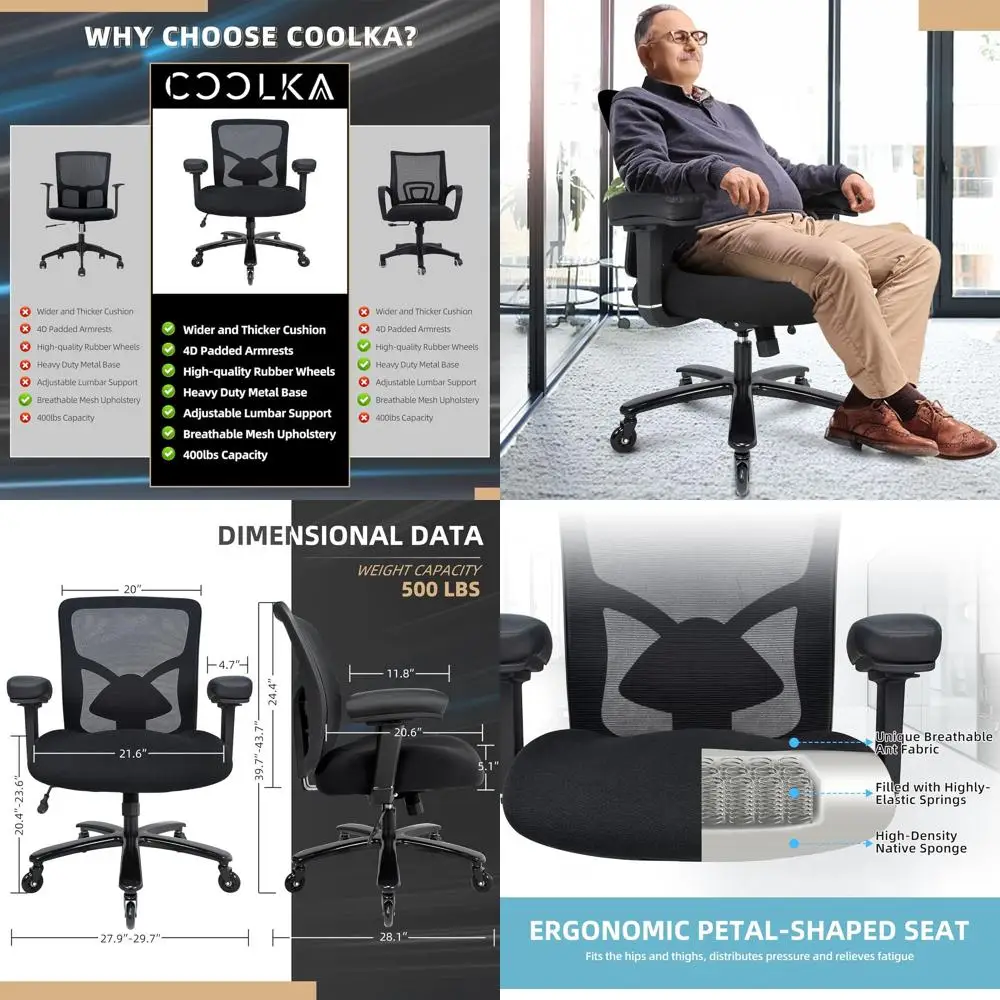 

500 lbs Capacity Large Ergonomic Office Chair with 4D Armrests, Adjustable Backrest, Memory Foam Seat, Black