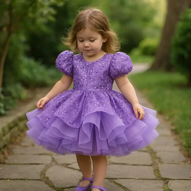Flower Girls Dress Handmade Lilac Sequin Tulle Dress: Princess Party Formal Wedding Gown