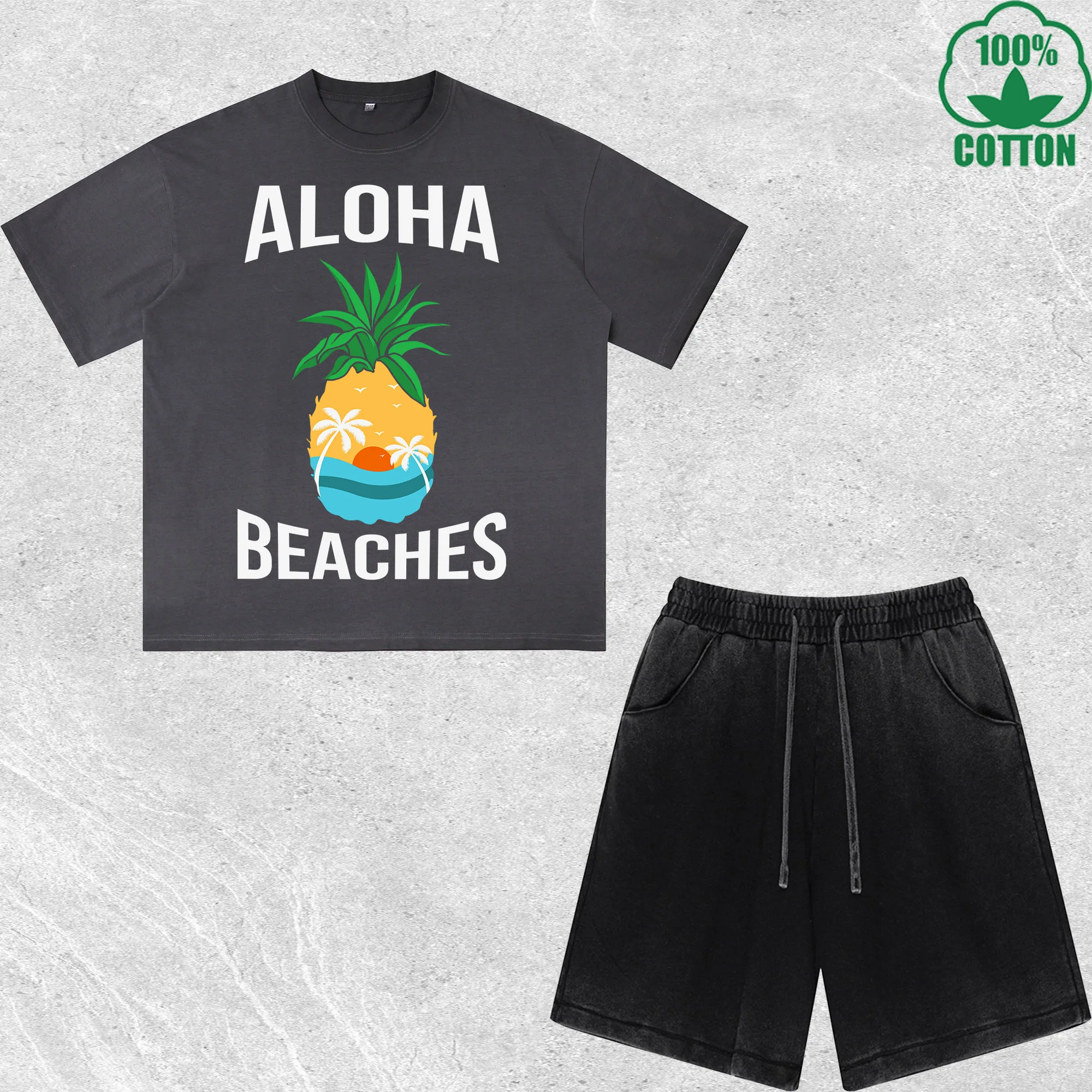 

Aloha Beaches Printed Dirty Wash T-Shirt Shorts Set Multicolor Combo Loose Trendy Fashionable 100%Cotton