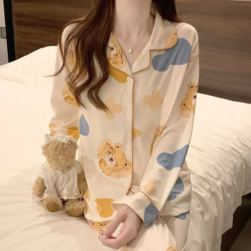 Spring Autumn Cardigan Long-Sleeved Sleepwear Two-Piece Set 2024 Cute Cartoon Student Homewear Suit Women's Casual Loose Pajamas