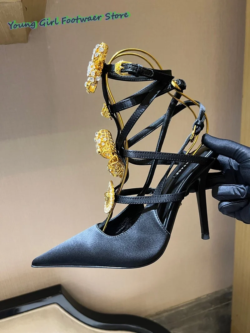

Metal Decoration Cross Straps Women's Sandals Black Elegant Style Sandals Sexy Pointed Toe Stilettos Women's Shoes Runway Style