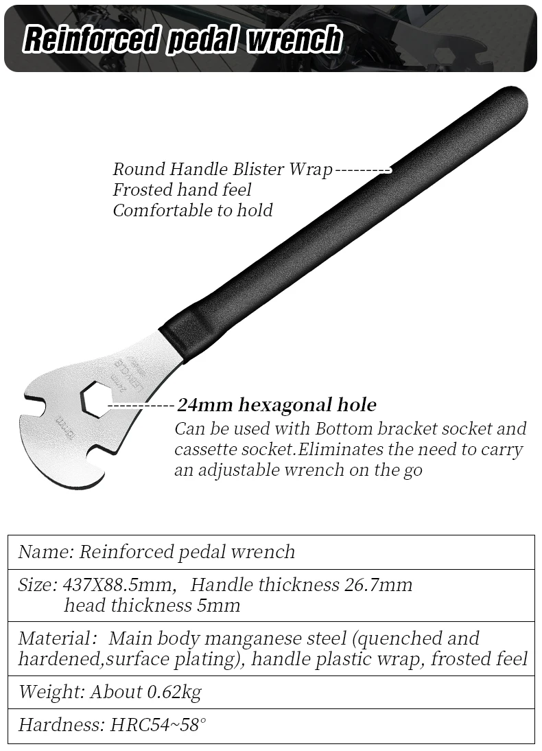 LEBYCLE Fahrradpedalschlüssel, extra langer Griff, robust, langlebig, Fahrradpedalschlüssel, installieren Sie 15 mm Werkzeug, Fahrradzubehör – Detail 5