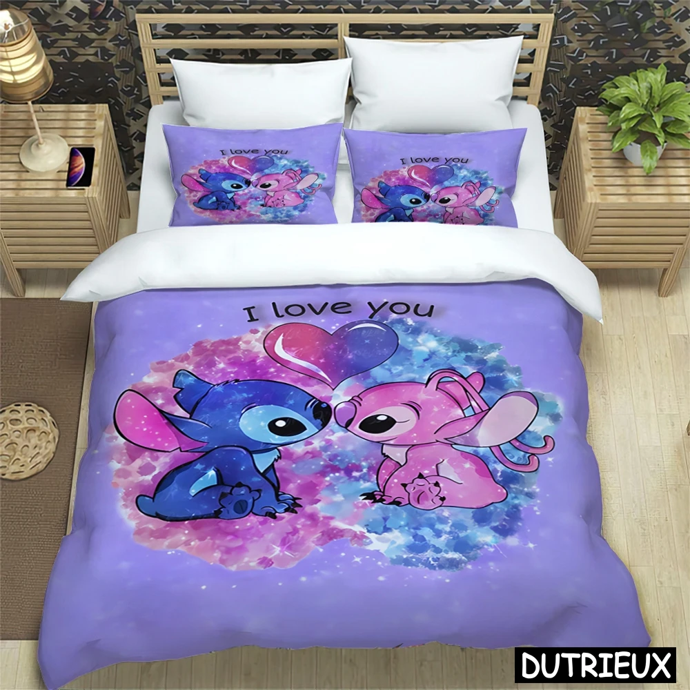 Disney Cartoon Cute Stitch Print Three Piece Bedding Set Cover Set With Pillowcase Children Or Adults King Queen Full Twin Size