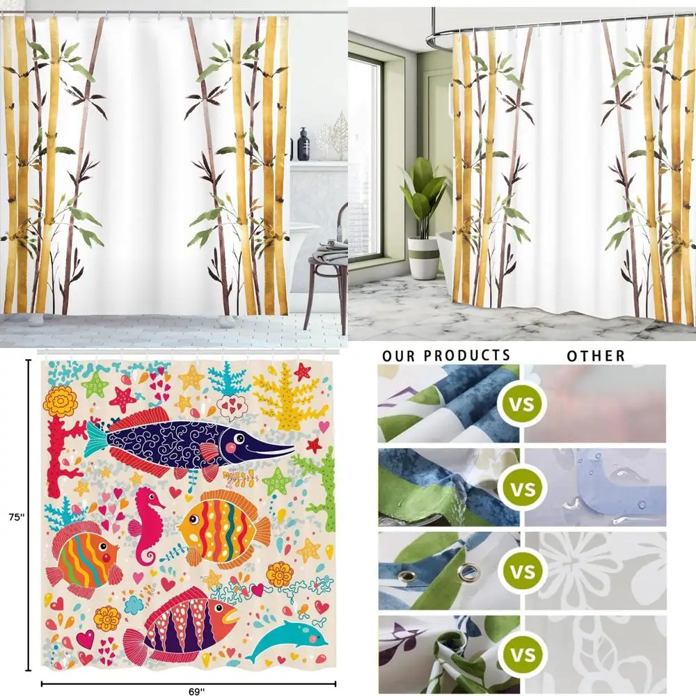 

asian-inspired shower curtain: watercolor branches and leaves on fabric bath decor