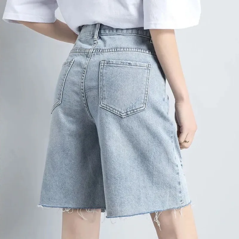 Broke Denim Cropped Pants Women's Cool Summer New Trendy Shorts High Waist Loose Slim Joker Hong Kong Style Ladies Short Jeans