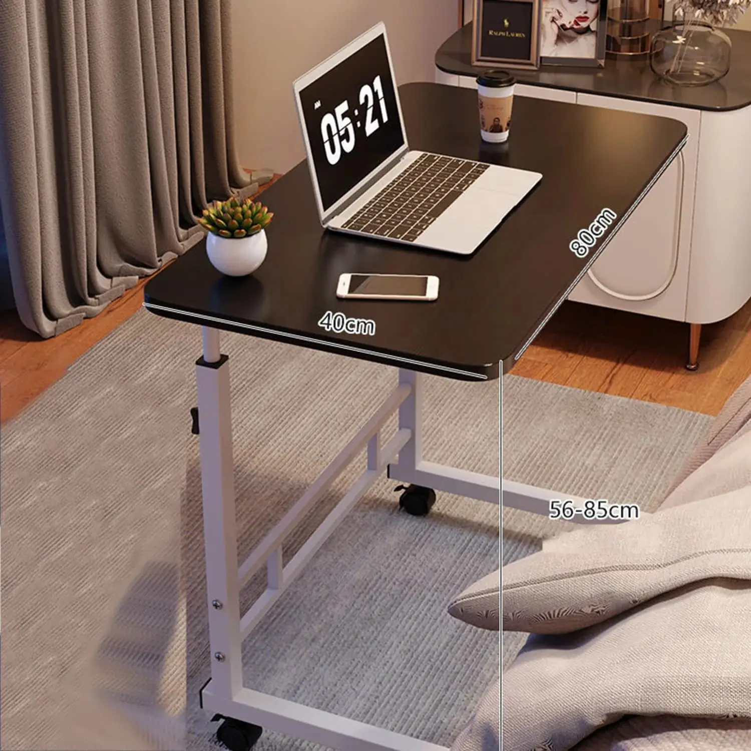 حامل مكتب دراسة الكمبيوتر المحمول بجانب السرير، طاولة محمولة قابلة للتعديل باللون الأسود
