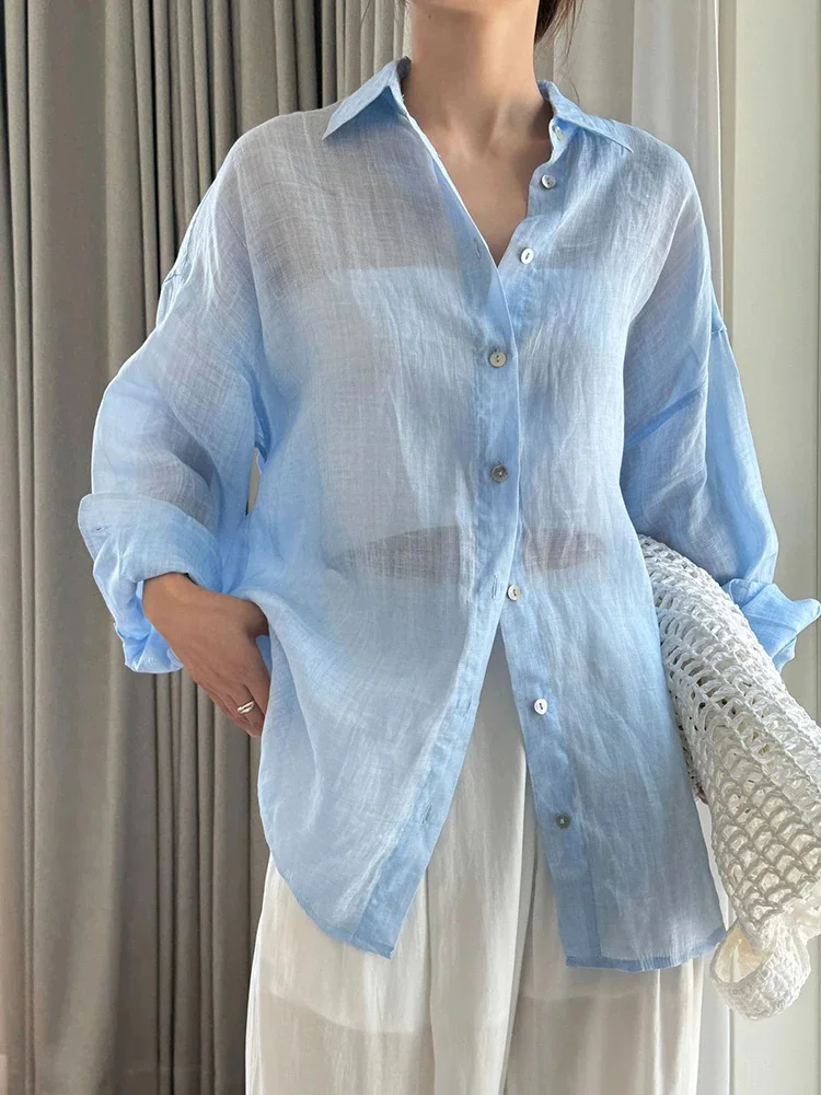 

Linen Sunscreen Shirts For Women Lapel Single Breasted Office Lady Loose Blouses Fashion 2025 Summer New 26D9397