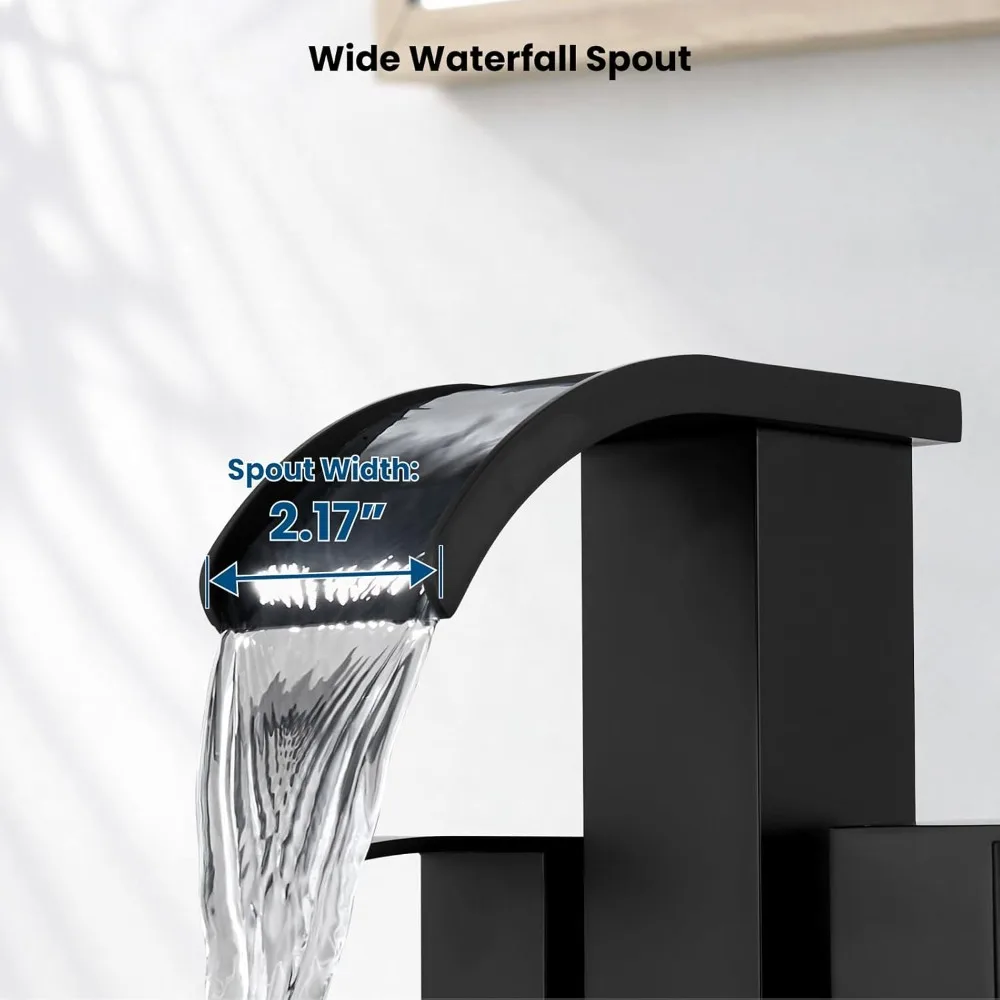 Waterfall Bathroom Sink Faucet 2 Handle Basin Modern Mixer Tap Matte Black with Pop Up Drain
