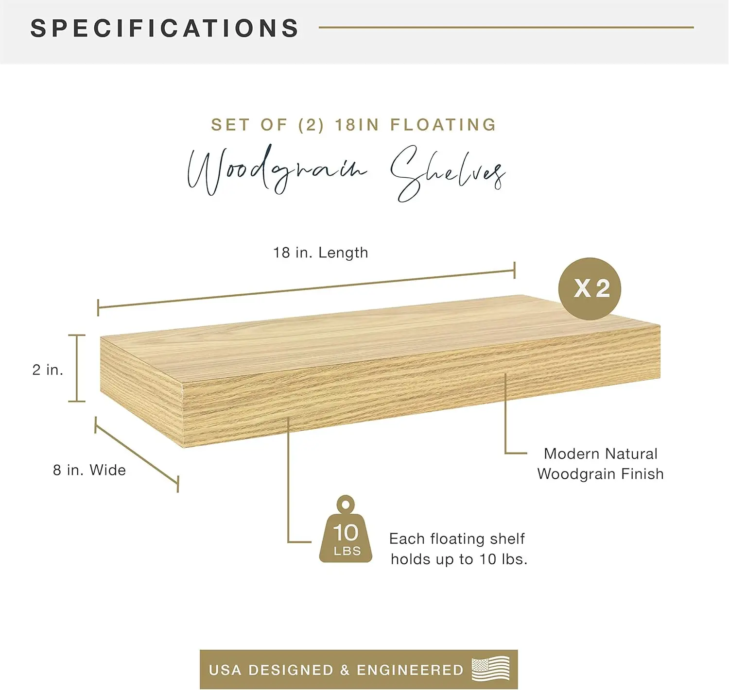 Natural Woodgrain Floating Shelves, 18 Inch x 8 Inch, Set of 2, 18 x 8