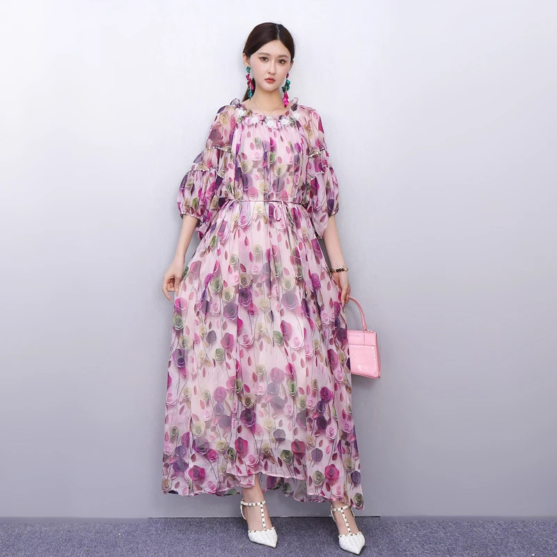 

Лето 2025 г., новые элегантные женские свободные шифоновые длинные платья с принтом, женское платье с коротким рукавом, оптовая продажа J1203