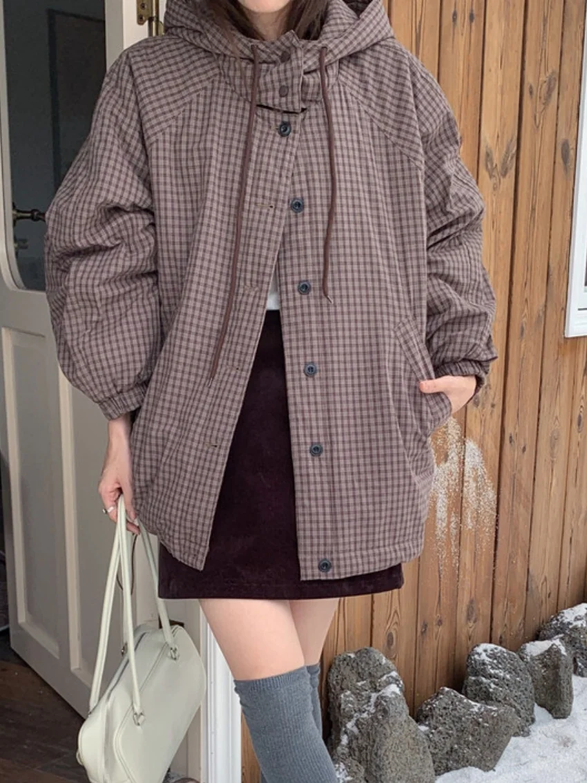 Parki damskie Alien Kitty z bawełny, klasyczne z kapturem, zimowe, codzienne, nowe, w kratę, luźne, szykowne, minimalistyczne, delikatne, do biura, na co dzień, model 2026.