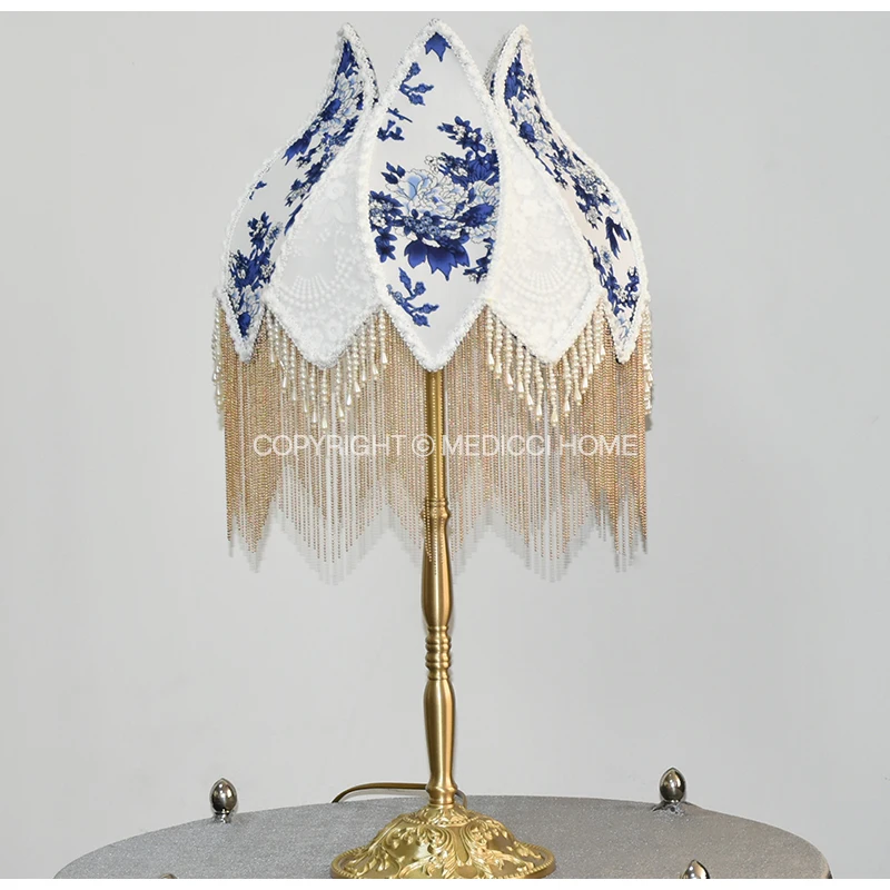 Medicci Home French Retro Blue And White Porcelain Floral Lampshade With Pearl Tassel Luxury Desk Lamp Shade Floor Pendant Light