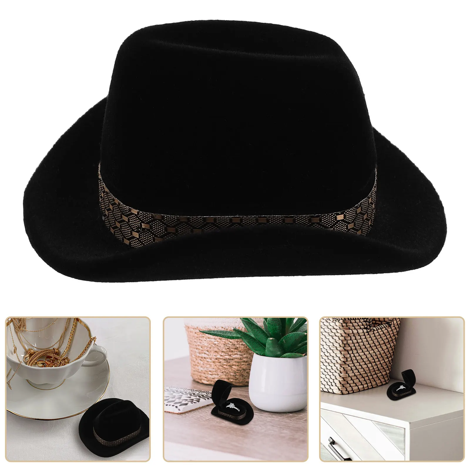 Cowboy Hat Jewelry Box Western Style Soft Flocked Interior Ideal for Wedding Engagement Ring Necklace Earring Storage Vintage