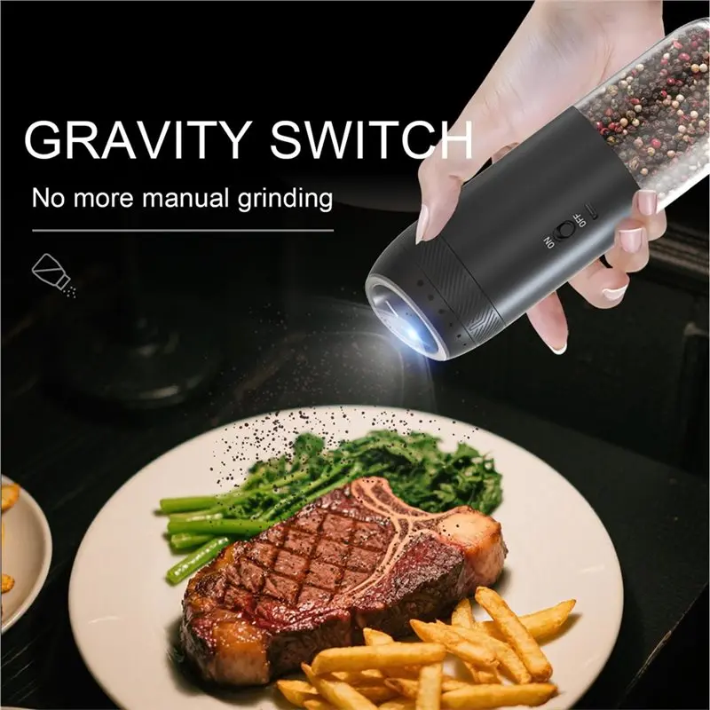 B58B-مجموعة هدايا - مطحنة كهربائية أوتوماتيكية قابلة لإعادة الشحن للملح والفلفل مع 6 إعدادات خشونة قابلة للتعديل