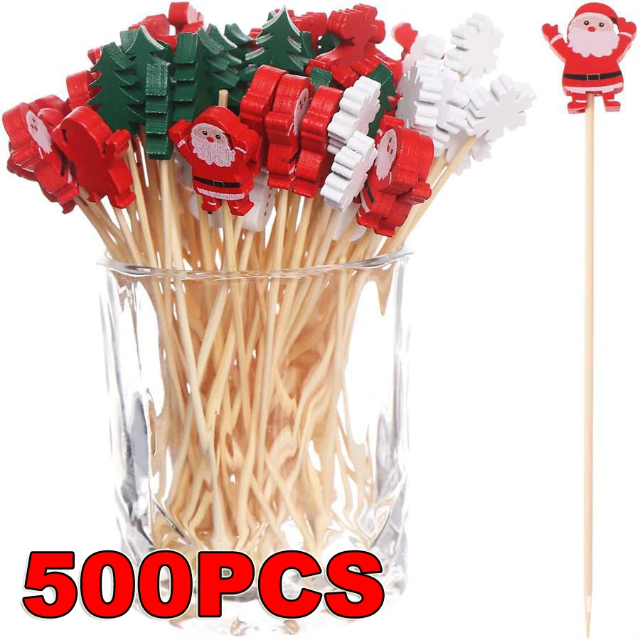 500Pcs/set Christmas Fruit Sticks Disposable Bamboo Sticks Snowflake Christmas Tree Elk Santa Claus Snowman Stick Xmas Ornaments