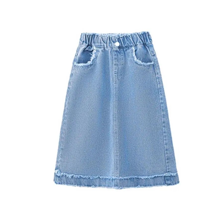 School Girls Denim Raw Edge Skirt 2024 Summer Four Season High Waist Casual Midi Skirt girls denim skirt