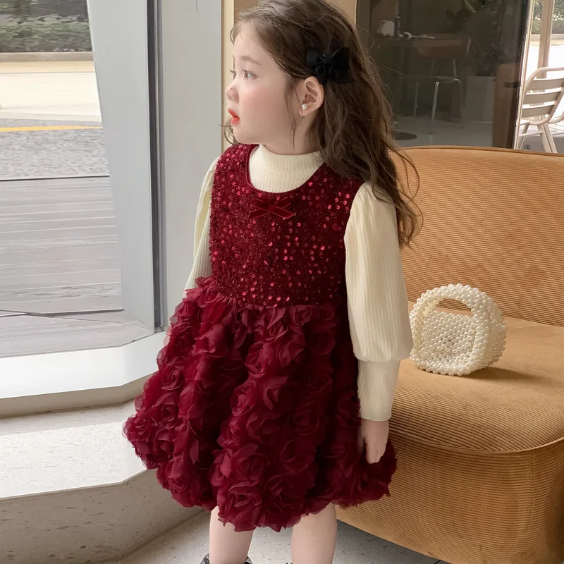 Girls' Autumn and Winter New Bowknot Sequin Stylish Korean Version Rose Cake Princess Dress Two-Piece Set
