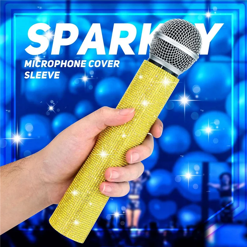 A14m 2x capa de alça de microfone, strass brilhantes, manga de alça de microfone para festa e show de tv, para a maioria dos microfones sem fio, ouro