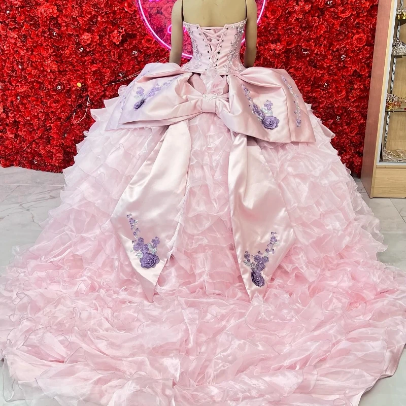 Vestido de quinceañera rosa de lujo, apliques de flores, cuentas, vestidos de fiesta de cumpleaños, dulce corsé 16, 2024