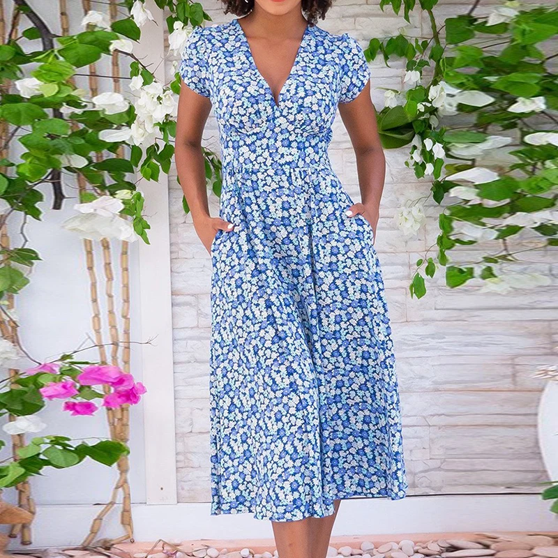 Summer V Neck Floral Print Party Dress Women Vintage Short Sleeve Midi Dress Spring Loose Pocket A-Line Dress 2022