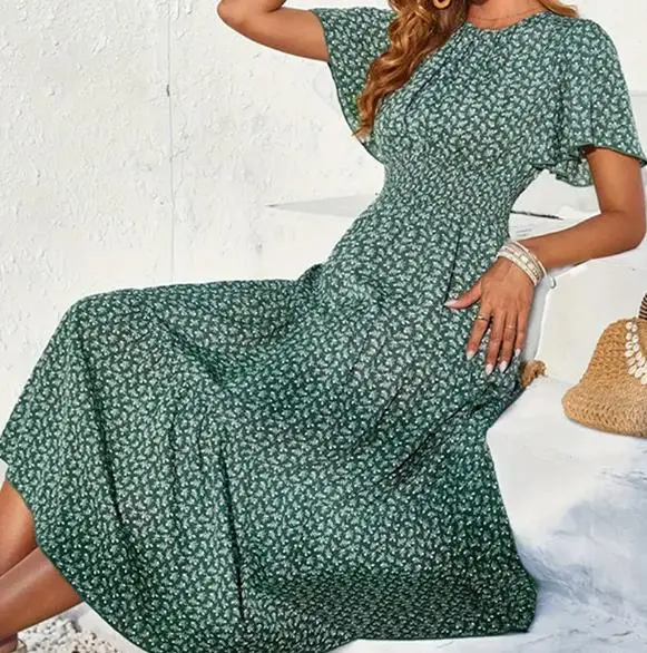 

2025 Summer Floral Print High Waisted Pleated Edge Decoration A-Line Dress for Women Fashionable and Elegant Short Sleeved Dress