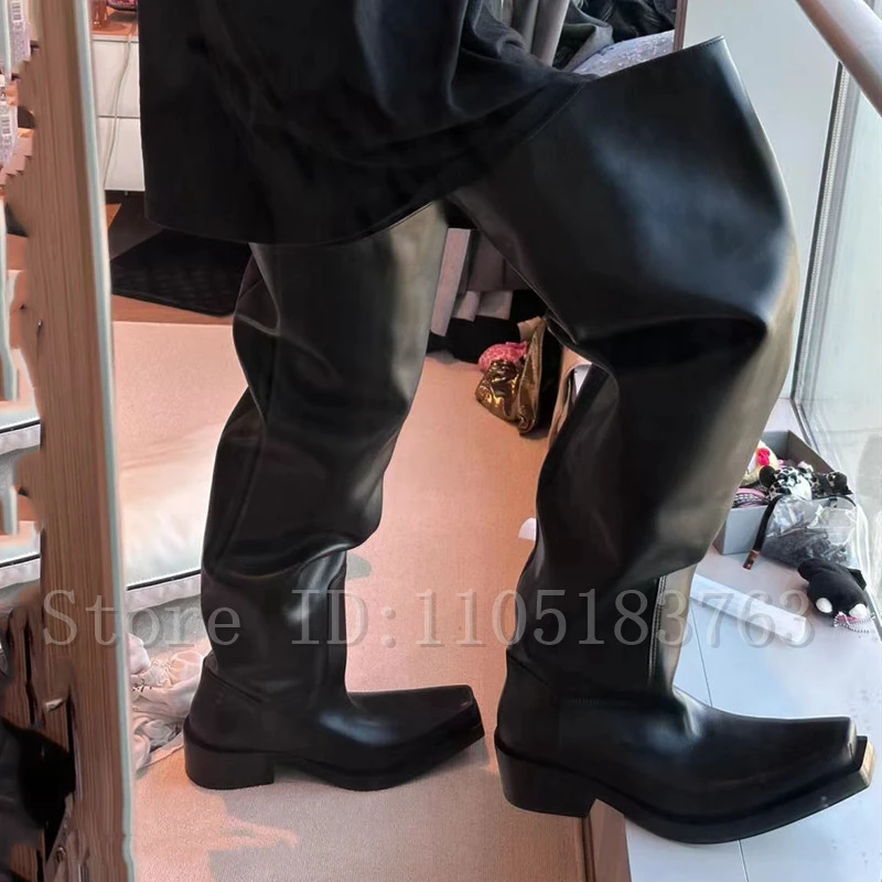 Unisex Oversize Black Slouchy Over The Knee Boots Men and Women Square Toe Low Block Heel Fashionable Couple Motorcycle Boots