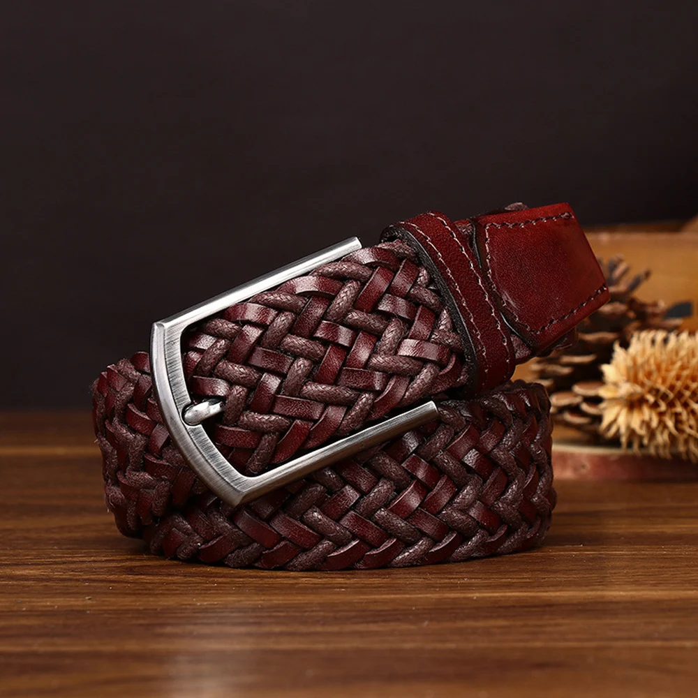 35cm牛革製高品質本革ベルト-メンズ-レディース-手編みピンバックルジーンズ用