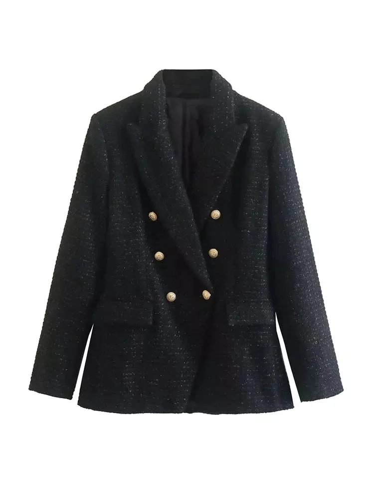 Women Clothing Jacket Spring Fashion Suits Double Breasted Tweed Blazer Coat Vintage Long Sleeve Female Outerwear Chic Top