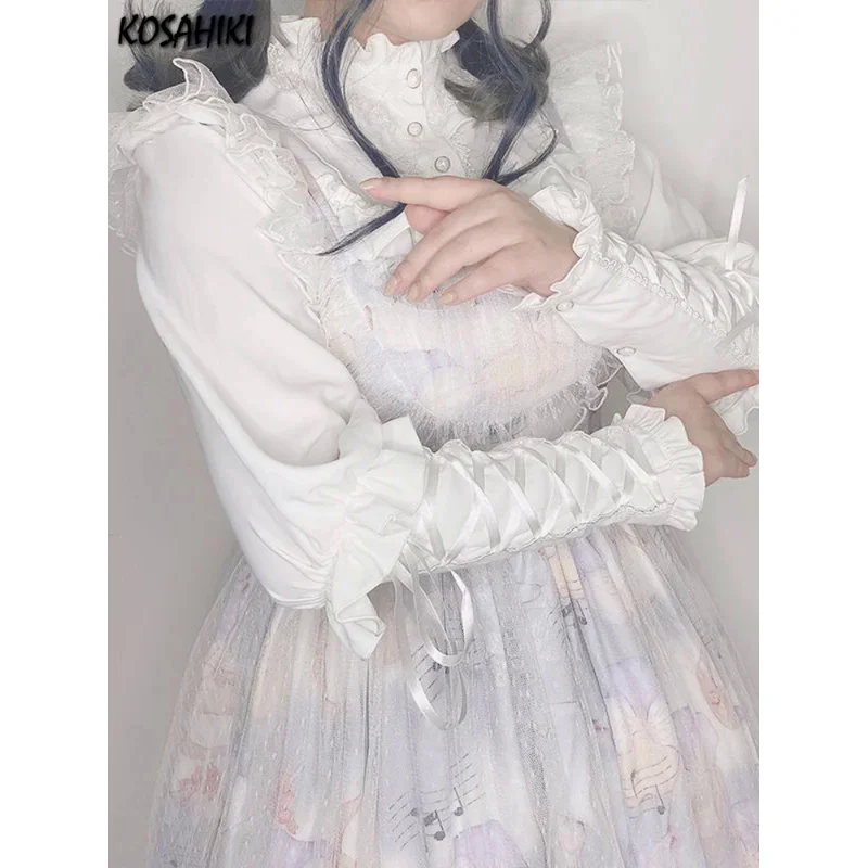 KOSAHIKI Gothic Y2k Shirts Women Vintage Lolita Style Gigot Sleeve Blouses Girls JK Sweet Lace Ruffles Bandage Tops Women Blouse