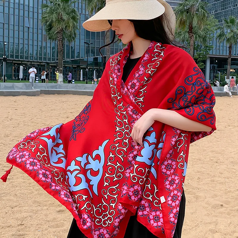 180 cm Seidenschal mit Blumenmuster, Schal aus Twill-Baumwolle im Ethno-Stil, multifunktionaler Reise-Sonnenschutzschal, Damen-Kopftuch