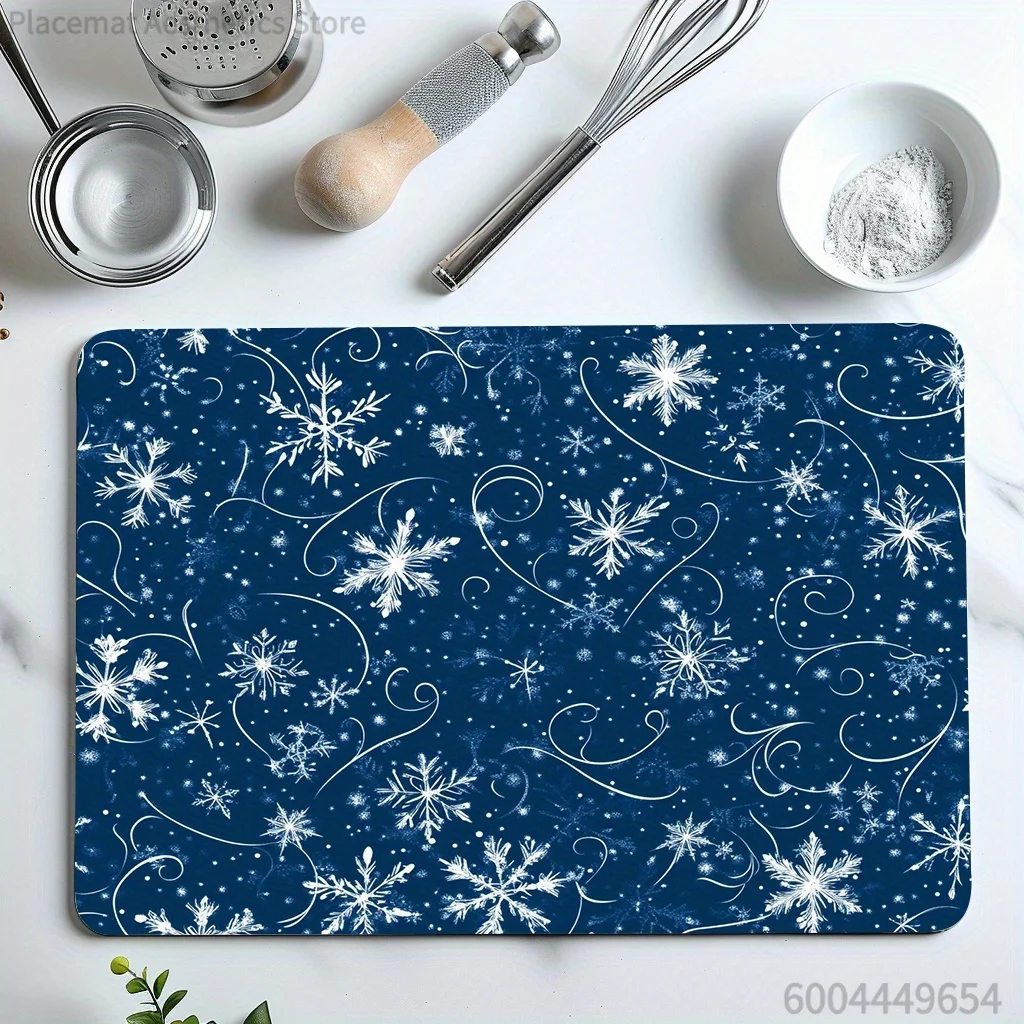 Blue Purple Floral Snowflake Print Super Absorbent Drying Mat, Waterproof Kitchen Counter Coffee Drain Decor Placemat