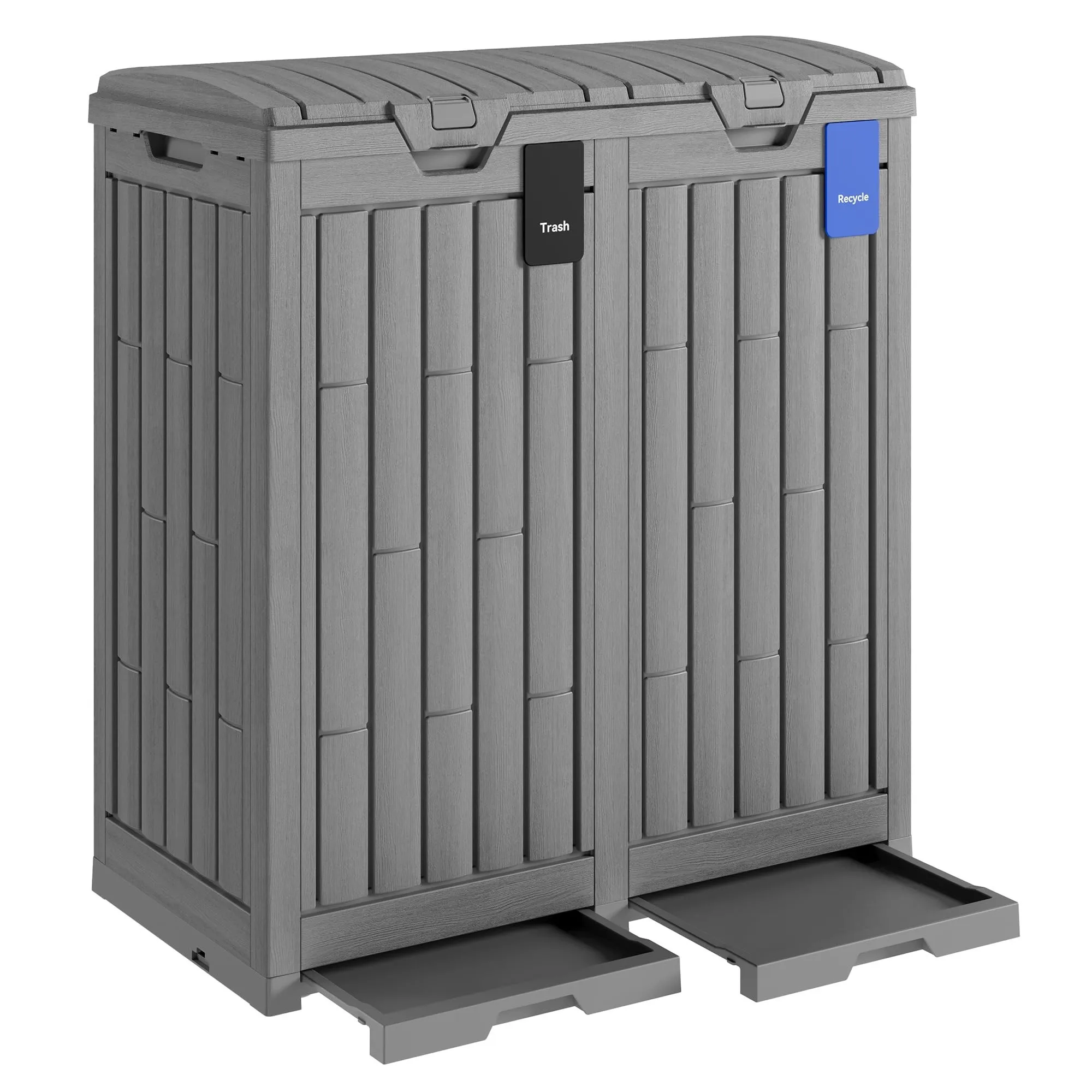 76 Gallon All Weather Resin Hideaway Garbage Can, Waterproof Waste Bin Equipped with Tiered Lid and Removable Drip Tray for Kitchen, Patio, Backyard and Deck